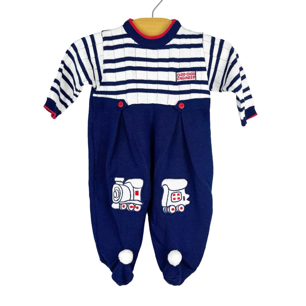 Vintage Glynne Percy Friemanit Train Knit One Piece Romper Size 6 Months